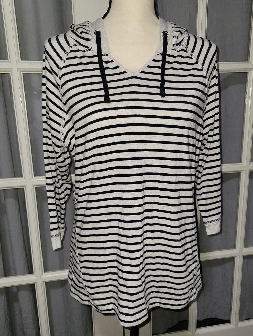 Christopher & Banks Blue and White Striped Hooded V-Neck Top